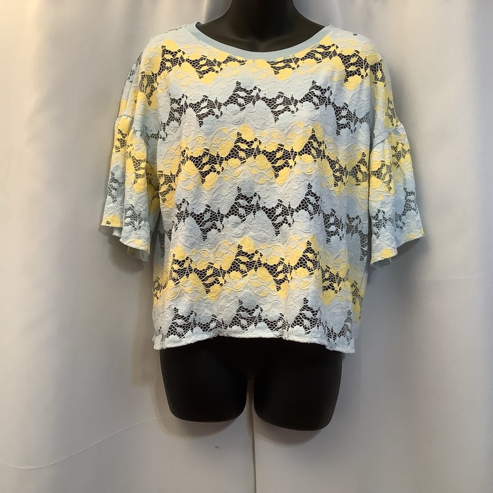 Zara Top Women’s Medium Lace Crop Bell Flare Sleeve Blue Yellow